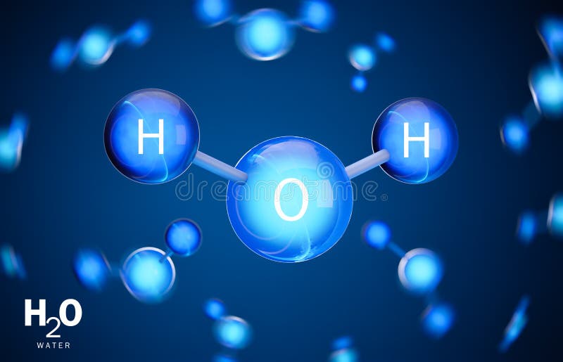 3D model of water H2O molecule. Two atoms of hydrogen and one atom of oxygen. 3D rendering. 3D model of water H2O molecule. Two atoms of hydrogen and one atom of oxygen. 3D rendering.