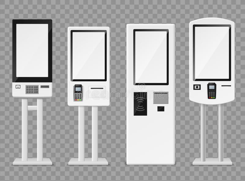 Self-ordering kiosk. Floor standing and wall interactive kiosks, terminal self payment for fast food retailers chains vector service machine mockups. Self-ordering kiosk. Floor standing and wall interactive kiosks, terminal self payment for fast food retailers chains vector service machine mockups