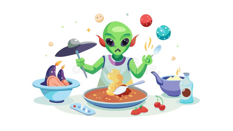 Alien Chef Preparing a Quirky Dish in a Space Setting, vector design Generative AI stock illustration