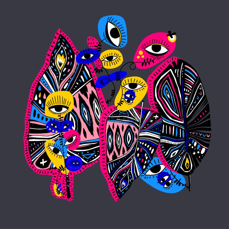 Quirky psychedelic magic jungle plant flower with many eyes vivid multicolor element. Vibrant aesthetic composition. royalty free illustration