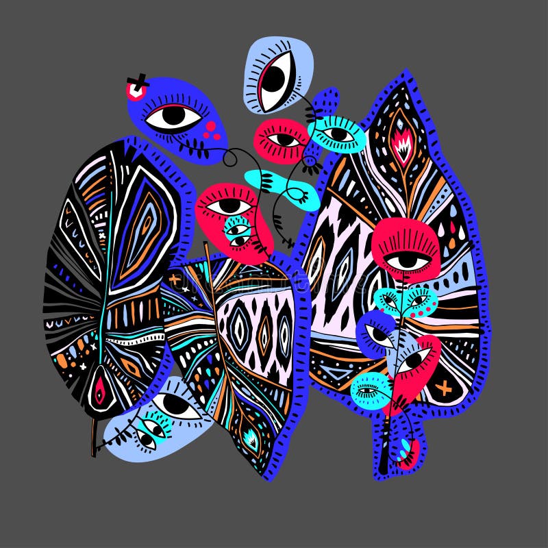 Quirky psychedelic magic jungle plant flower with many eyes vivid multicolor element. Vibrant aesthetic composition. royalty free illustration