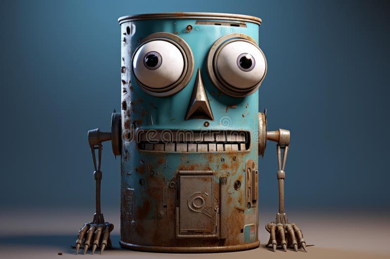 Quirky rusty robot character with big eyes stock illustration