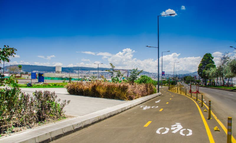 QUITO, ECUADOR- NOVEMBER, 27, 2017: Beautiful outdoor view of bikeway in new boulevar in mainstreet in Amazonas avenue