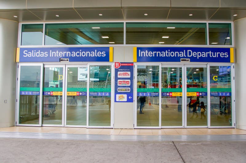 Quito, Ecuador - November 23 2017: Informative sign of international departures at the enter of the Mariscal Sucre