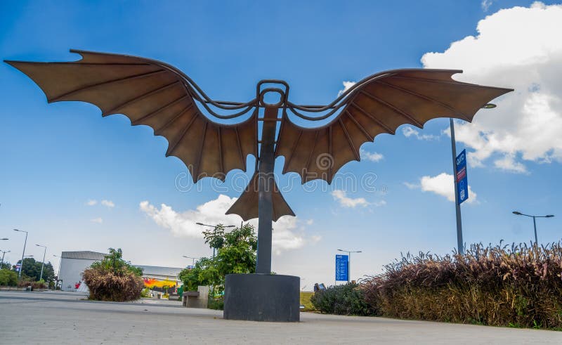 QUITO, ECUADOR- NOVEMBER, 27, 2017: Outdoor view of beautiful metallic wings structure at outdoors in the new boulevar