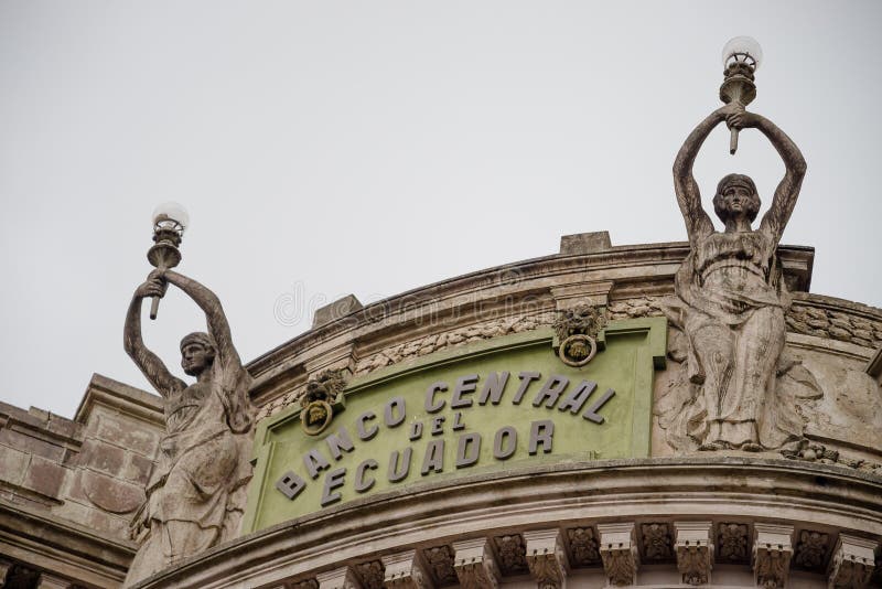 QUITO, ECUADOR NOVEMBER, 28, 2017: Beautiful outdoor view of the rooftop and some stoned statues in central bank of Ecudador, in Quito at northern Ecuador in the Andes mountains. QUITO, ECUADOR NOVEMBER, 28, 2017: Beautiful outdoor view of the rooftop and some stoned statues in central bank of Ecudador, in Quito at northern Ecuador in the Andes mountains.