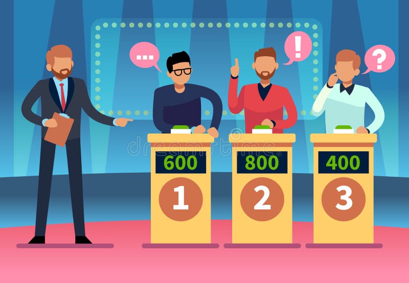 Quiz del gioco Giovani abili che giocano quiz della televisione con lo showman, concorso del gioco TV di banalità Progettazione d royalty illustrazione gratis Quiz del gioco Giovani abili che giocano quiz della televisione con lo showman, concorso del gioco TV di banalità Progettazione d royalty illustrazione gratis