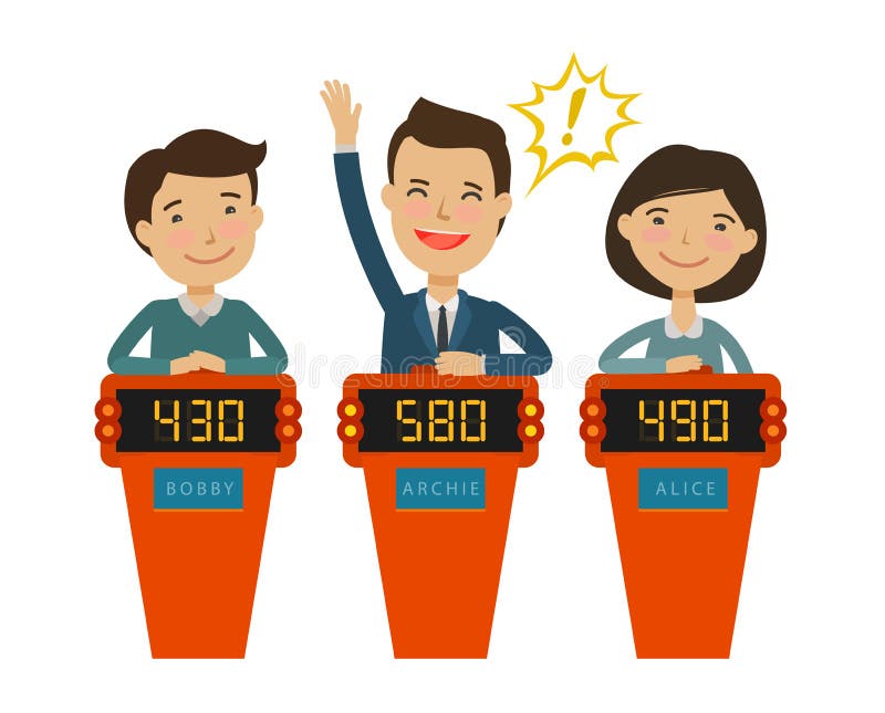 Quiz Show Game Concept Players Answering Questions Standing At Stand With Buttons Vector Flat Illustration Stock Vector Illustration Of Competition Concept 129780635