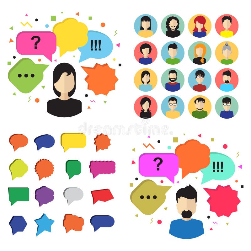 Quiz vector icons, poll signs and flat bubble speech symbols stock illustration Quiz vector icons, poll signs and flat bubble speech symbols stock illustration