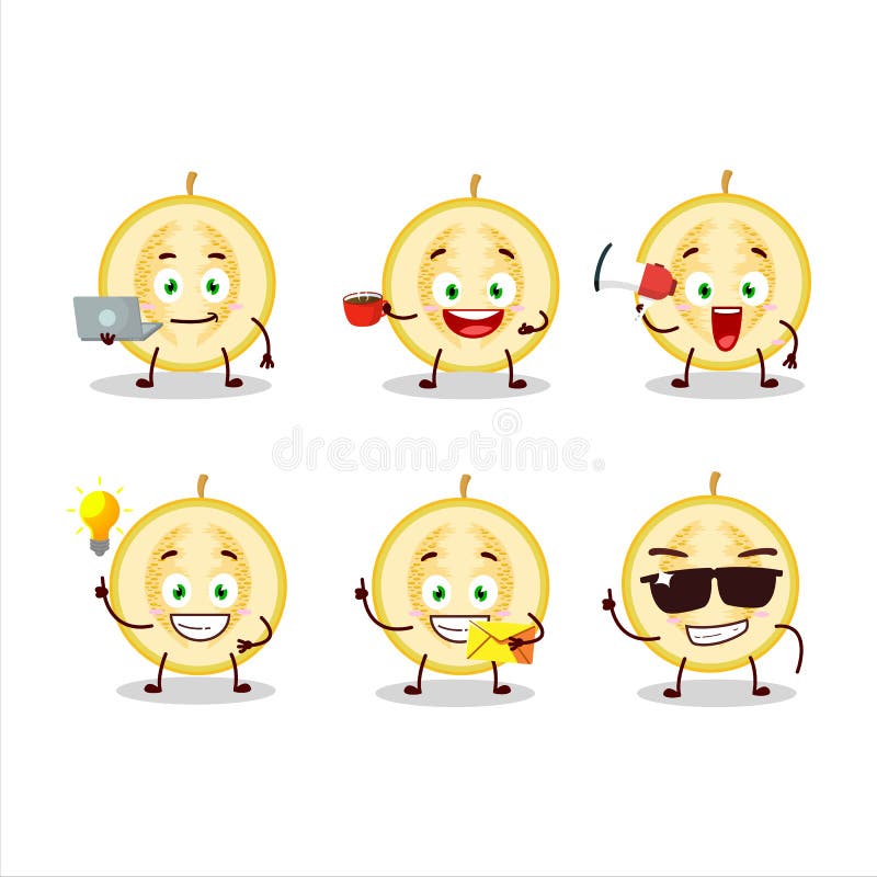 Quota di personaggio dei cartoni animati melone giallo con i vari tipi di emoticon di affari illustrazione vettoriale