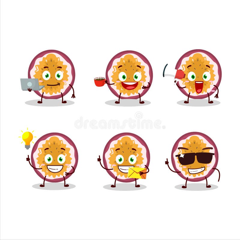 Quota di personaggio dei frutti della passione con i vari tipi di emoticon di affari illustrazione di stock