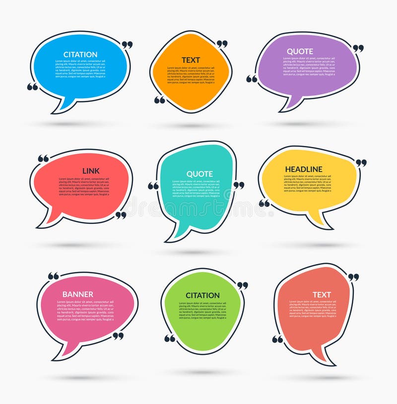 Quote box. Vector set of speech bubbles, text frames. Can be used for statement, citation, message, quotation stock illustration Quote box. Vector set of speech bubbles, text frames. Can be used for statement, citation, message, quotation stock illustration