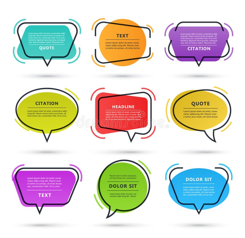 Quote speech bubble, text box, citation frame, colorful message banner isolated on white background. Vector illustration
