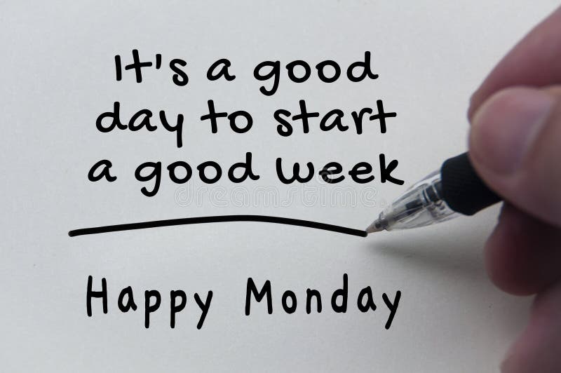 Quotes and text of Happy Monday on notepad. Morning greetings concept