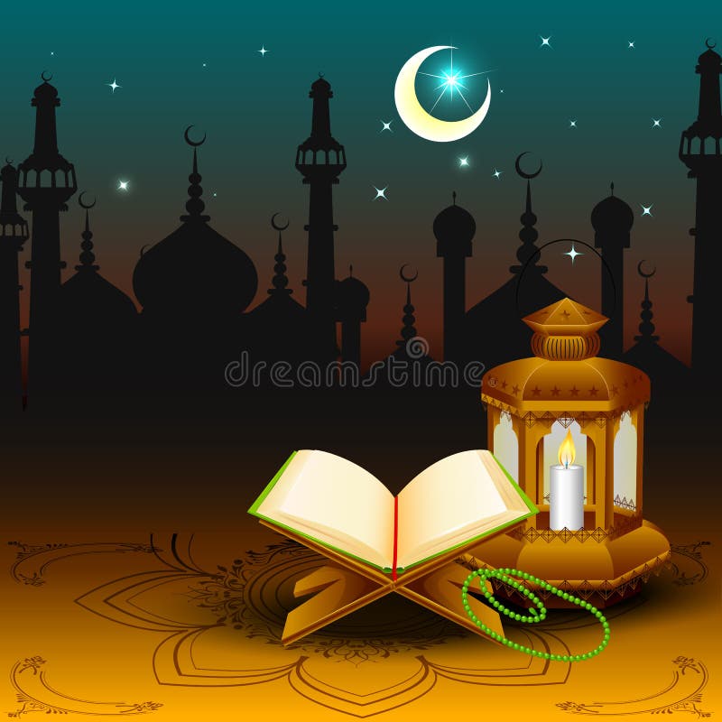 Quran with lamp on Eid Mubarak background vector illustration