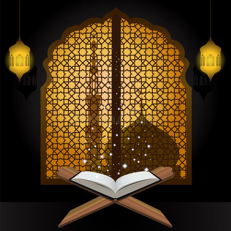 Quran light star lantern and mosque in window arabic vector illustration Quran light star lantern and mosque in window arabic vector illustration