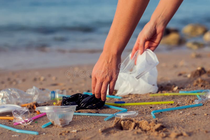 拾起在海滩的手妇女塑料瓶清洁,志愿概念 库存图片