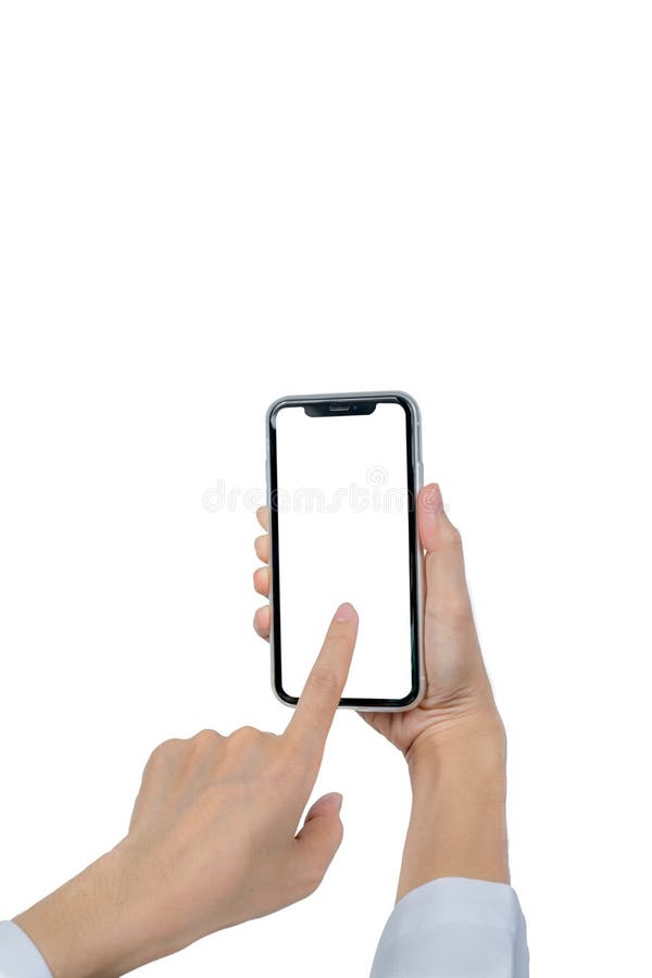 r Mano del primer que toca smartphone con la pantalla en blanco aislada en el fondo blanco imagenes de archivo r Mano del primer que toca smartphone con la pantalla en blanco aislada en el fondo blanco imagenes de archivo