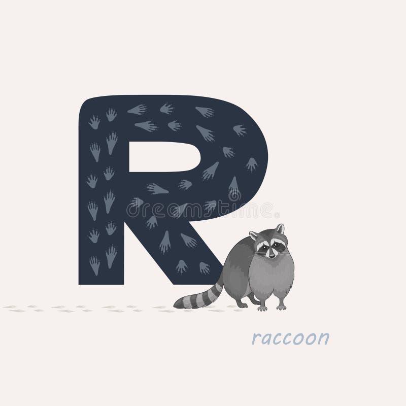 r?wnie? zwr?ci? corel ilustracji wektora Błękit listowy R z szop pracz odciskami stopymi, kreskówki szop pracz abecad?a zwierz?cy ilustracja wektor r?wnie? zwr?ci? corel ilustracji wektora Błękit listowy R z szop pracz odciskami stopymi, kreskówki szop pracz abecad?a zwierz?cy ilustracja wektor
