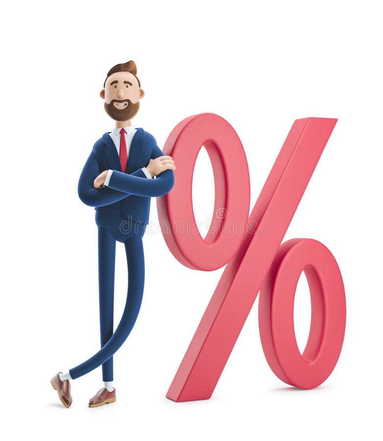 Cartoon character Billy and big percent icon. Concept business interest rate. 3d illustration. Cartoon character Billy and big percent icon. Concept business interest rate. 3d illustration