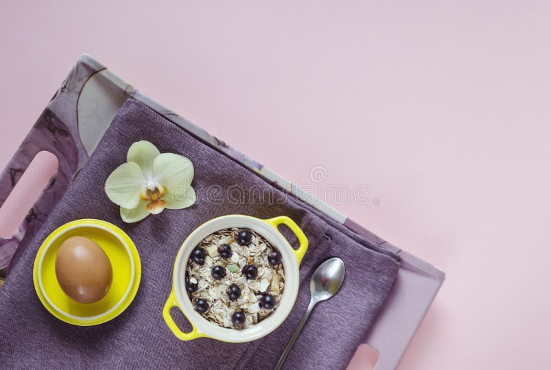 r τοπ άποψη σχετικά με έναν δίσκο oatmeal σε ένα κίτρινο δοχείο, muesli με τα φρέσκα βακκίνια, αυγό σε μια πορφυρή πετσέτα σε ένα στοκ φωτογραφίες με δικαίωμα ελεύθερης χρήσης r τοπ άποψη σχετικά με έναν δίσκο oatmeal σε ένα κίτρινο δοχείο, muesli με τα φρέσκα βακκίνια, αυγό σε μια πορφυρή πετσέτα σε ένα στοκ φωτογραφίες με δικαίωμα ελεύθερης χρήσης