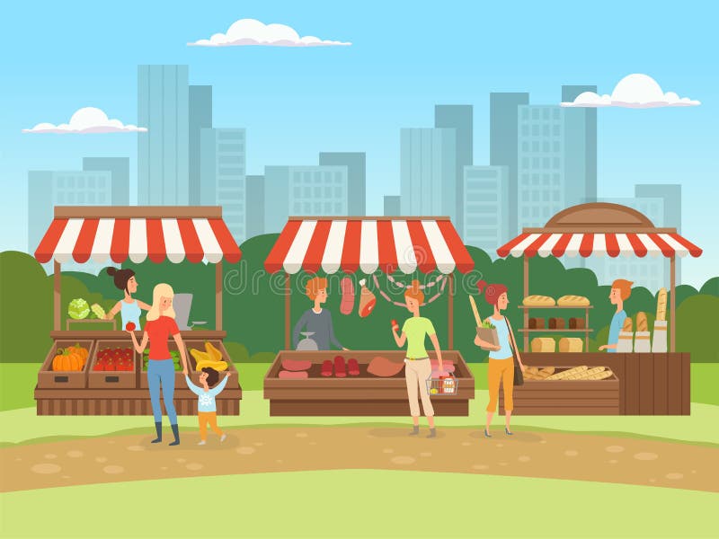 R Υπαίθριες θέσεις τροφίμων στους αστικούς bazaar ιδιοκτήτες τοπίων με το κρέας λαχανικών φρούτων και τα διανυσματικά κινούμενα σ διανυσματική απεικόνιση