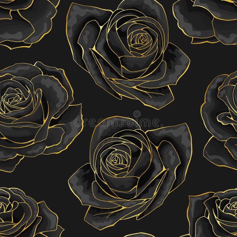 Vector glamour luxurious seamless pattern. Golden outline rose flowers on black background for fabric design, textile print, wrapping paper or web backgrounds. Vector glamour luxurious seamless pattern. Golden outline rose flowers on black background for fabric design, textile print, wrapping paper or web backgrounds.