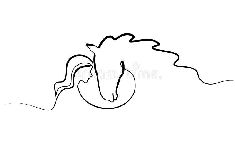Continuous one line drawing. Horse and woman heads logo. Black and white vector illustration. Concept for logo, card, banner, poster, flyer. Continuous one line drawing. Horse and woman heads logo. Black and white vector illustration. Concept for logo, card, banner, poster, flyer