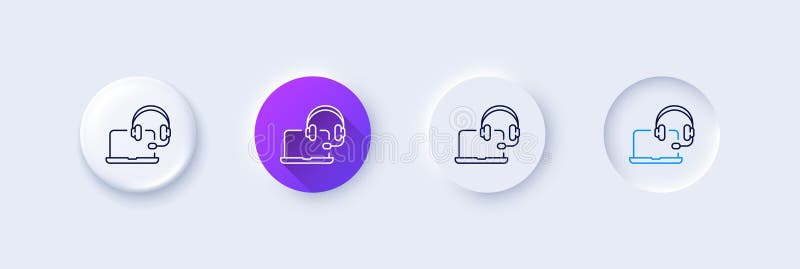 Consult line icon. Neumorphic, Purple gradient, 3d pin buttons. Online consulting sign. Laptop with headset symbol. Line icons. Neumorphic buttons with outline signs. Vector. Consult line icon. Neumorphic, Purple gradient, 3d pin buttons. Online consulting sign. Laptop with headset symbol. Line icons. Neumorphic buttons with outline signs. Vector
