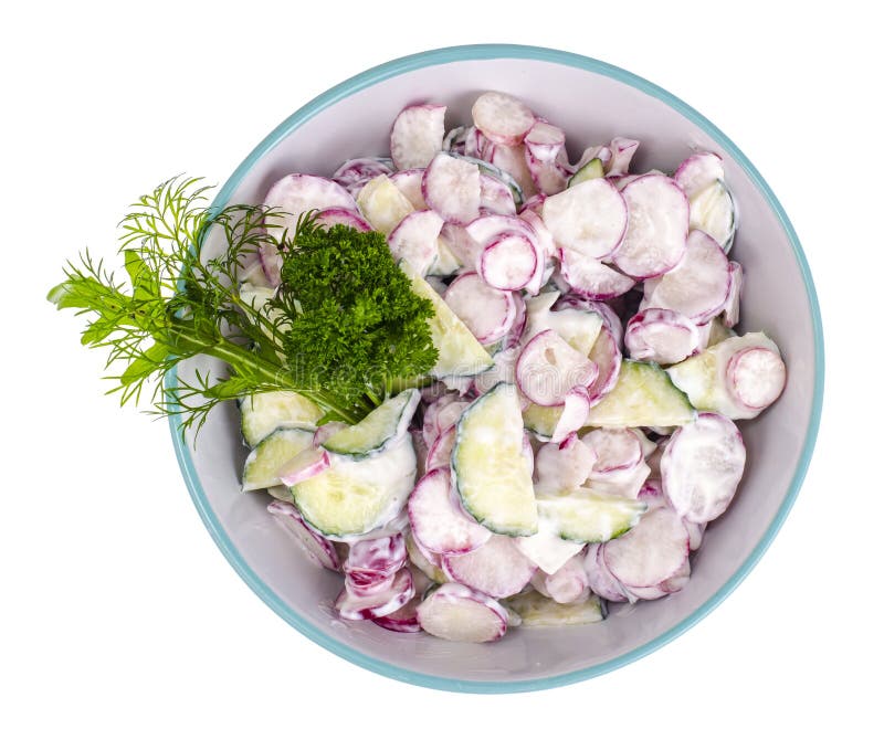Rabanete fresco, salada do pepino com molho do iogurte fotos de stock royalty free Rabanete fresco, salada do pepino com molho do iogurte fotos de stock royalty free