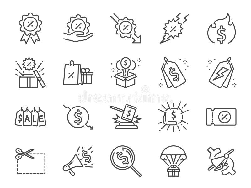 Rabattlinje symbolsuppsättning Bland annat symboler som Sale, shopping, procent, befordran, emblem, rensning och mer stock illustrationer Rabattlinje symbolsuppsättning Bland annat symboler som Sale, shopping, procent, befordran, emblem, rensning och mer stock illustrationer