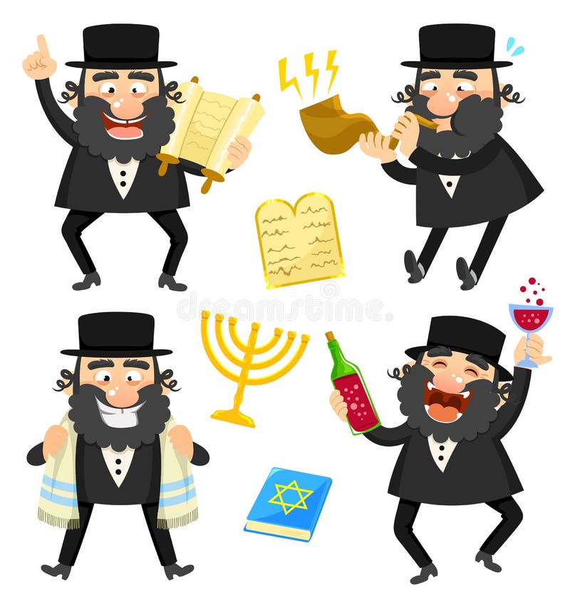Set of cartoon rabbis and Jewish symbols. Set of cartoon rabbis and Jewish symbols