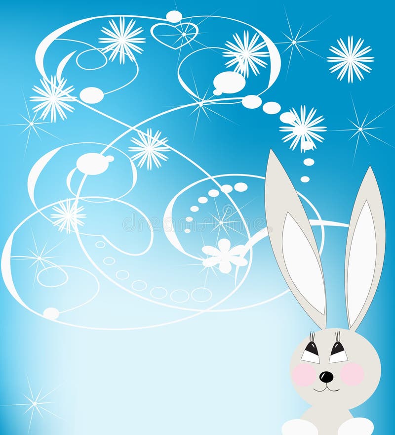 White rabbit against snowflakes,