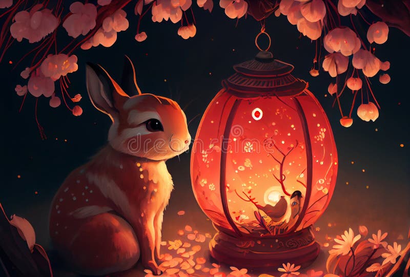 Kawaii image of the rabbit during the Chinese lunar new year. Anime style  bunny. Generative AI. Stock Illustration