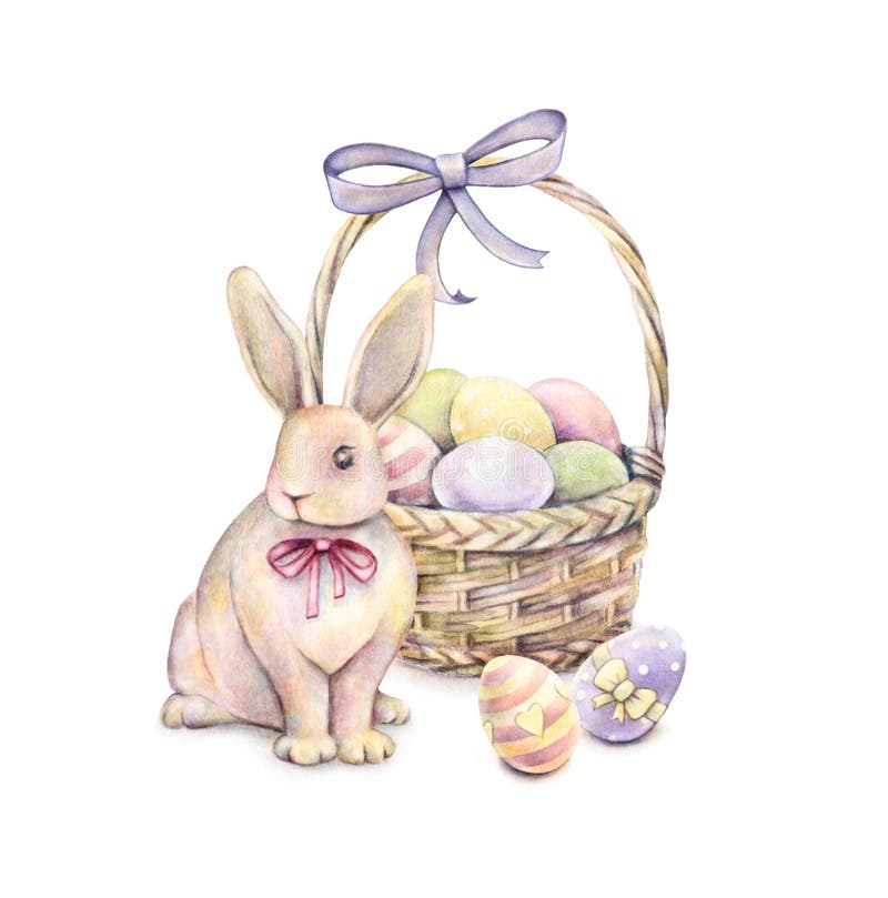 Rabbit with Easter basket on a white background. Color Easter eggs. Watercolor drawing. Handwork