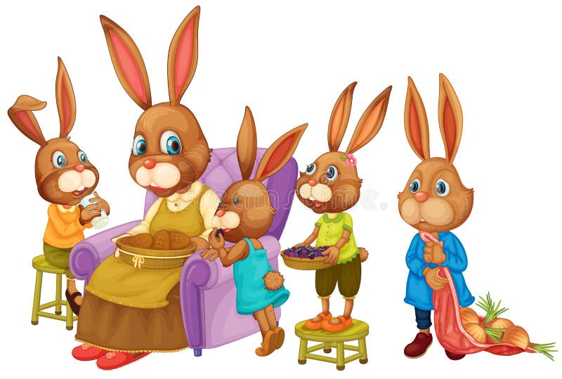 Two Rabbit Family on Grey Background. Father, Mother, Son, Daughter