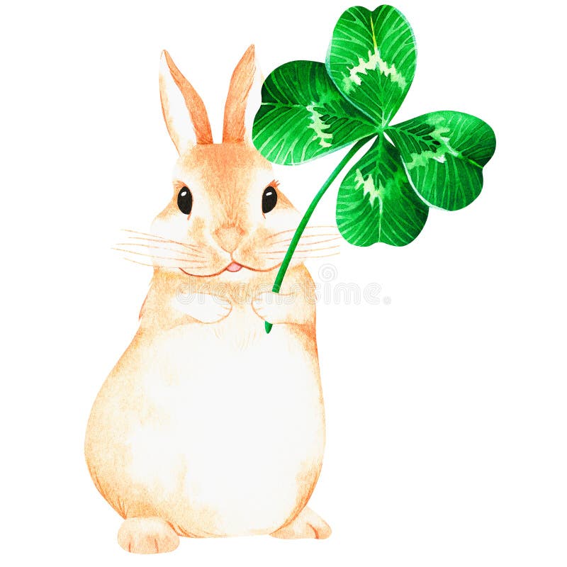 Rabbit with a four leaf clover. Watercolor illustration. Isolated on a white background. For design