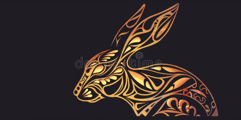 Rabbit head silhouette adorned with intricate tribal patterns. stock illustration