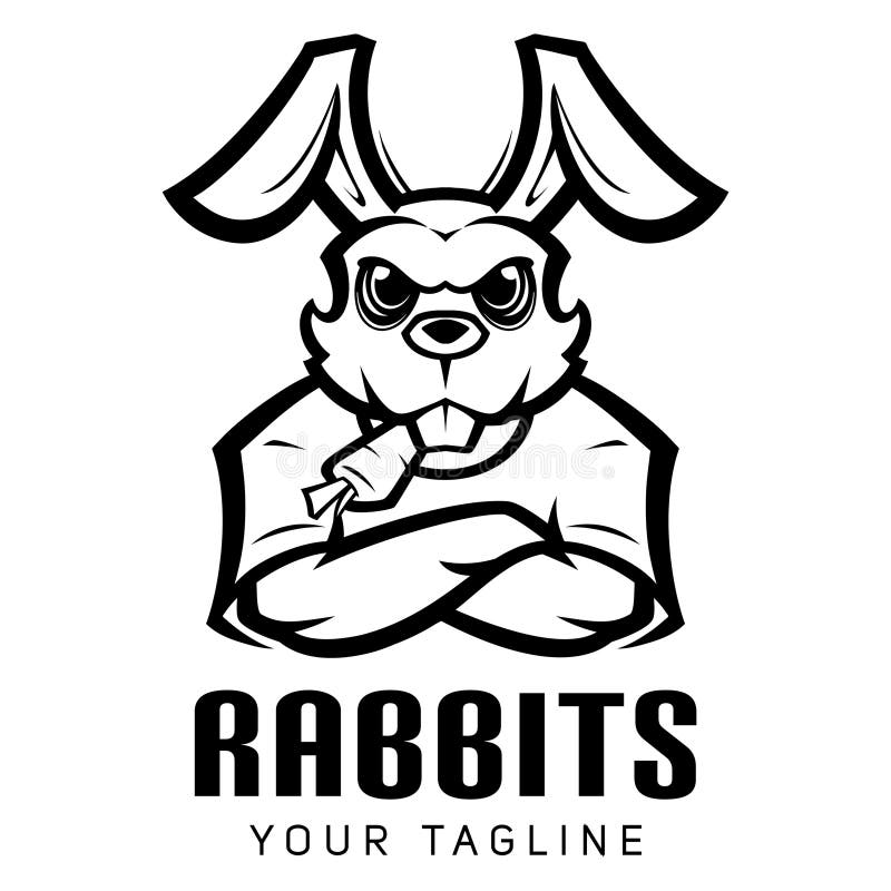 Rabbit Mascot Logo Biting a Carrot Line Art Stock Vector Illustration