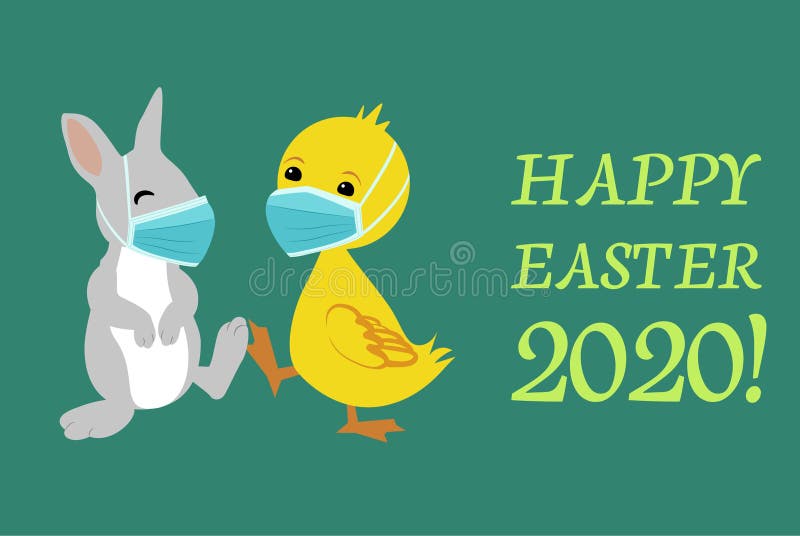 Easter Bunny and Duck wearing face masks and giving foot shake