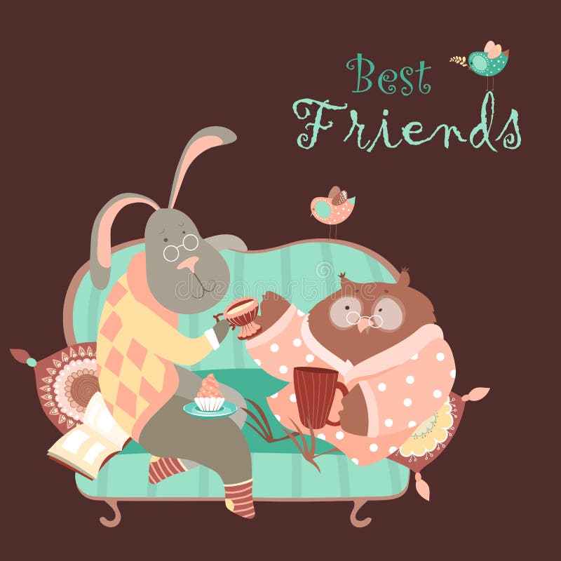 Rabbit and owl drink coffee on the couch