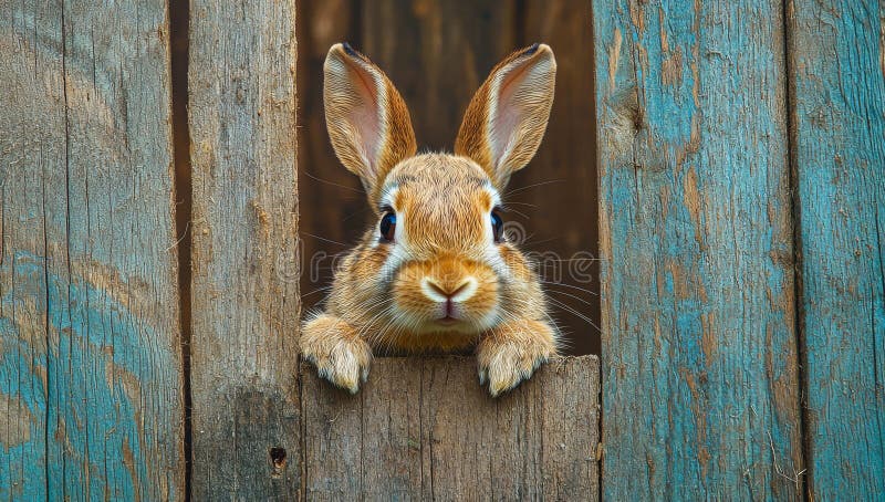 Rabbit peeks from wooden structure. stock image