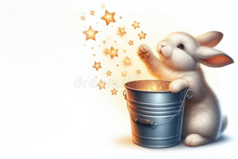 The rabbit takes the stars out of the bucket. Space for text. royalty free stock image