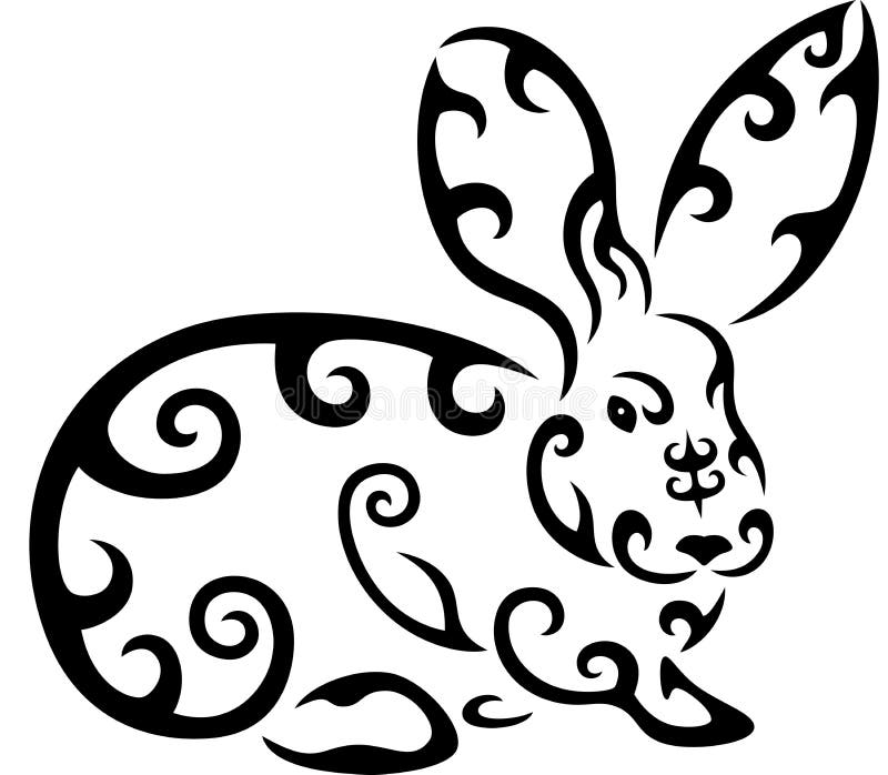 Hare rabbit silhouette in black color drawn in ethnic style. Design logo,  pet shop, emblem, stencil, modern tattoo, print on t-shirts or clothes,  badge, icon, sticker, banner. Isolated stock vector Векторный объект