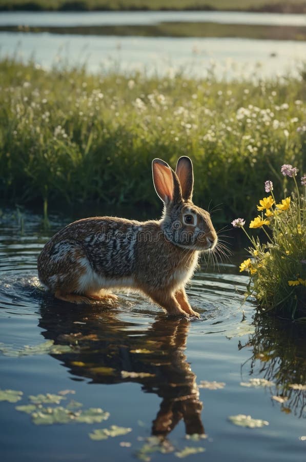 Adorable Wild Rabbit in Water, Summer Meadow Reflection stock illustration