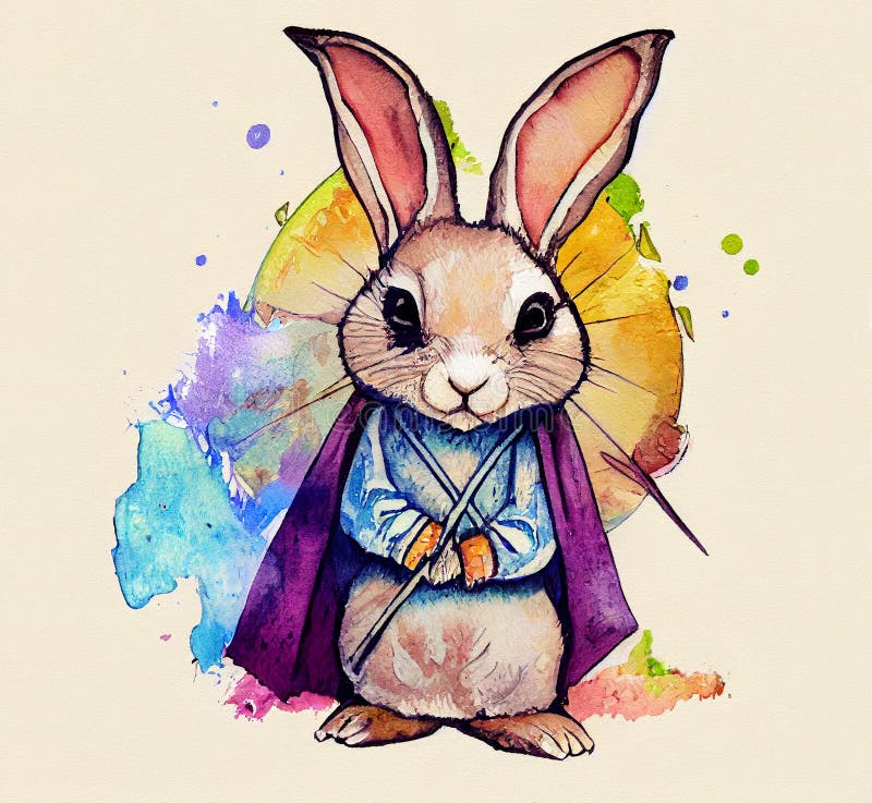 Rabbit wizard digital watercolor illustration, cute bunny symbol of the new year 2023, cartoon rabbit children book drawing, magic animal watercolor art isolated on the textured background. Rabbit wizard digital watercolor illustration, cute bunny symbol of the new year 2023, cartoon rabbit children book drawing, magic animal watercolor art isolated on the textured background