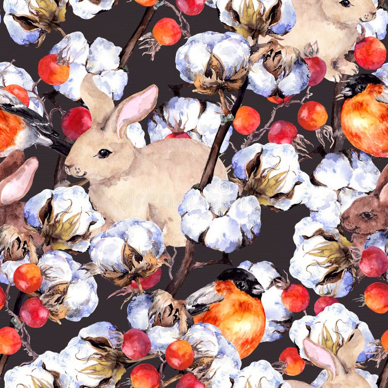 Rabbits, finch birds, cotton plant branches, red berries. Winter seamless background. Watercolor pattern vector illustration Rabbits, finch birds, cotton plant branches, red berries. Winter seamless background. Watercolor pattern vector illustration
