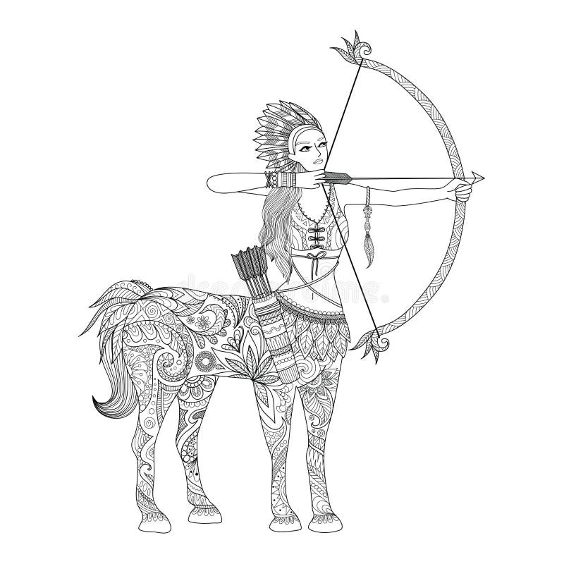 Doodle design of centaur girl for adult coloring book and other decorations - Stock. Doodle design of centaur girl for adult coloring book and other decorations - Stock