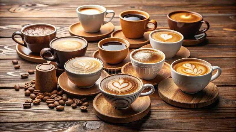 Raccolta aromatica di diverse bevande da caffè servite in tazze di legno in rustico su una tavola di legno calda. Generative AI royalty illustrazione gratis