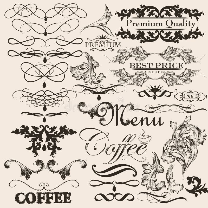 Raccolta degli elementi di vettore e della pagina calligrafici decorativi d illustrazione di stock